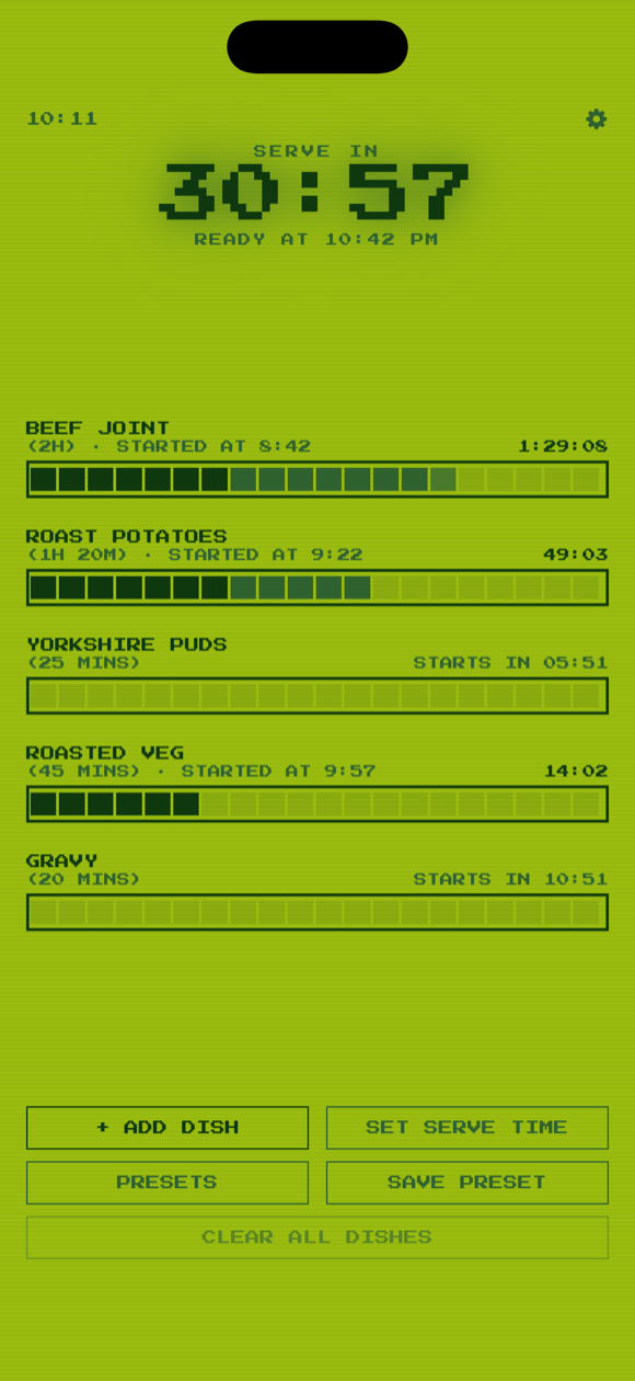 The same list of dishes in the Handheld theme, dark green on olive with scanlines