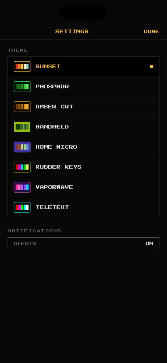 The theme picker listing Sunset, Phosphor, Amber CRT, Handheld, Home Micro, Rubber Keys, Vaporwave and Teletext, each with a colour swatch