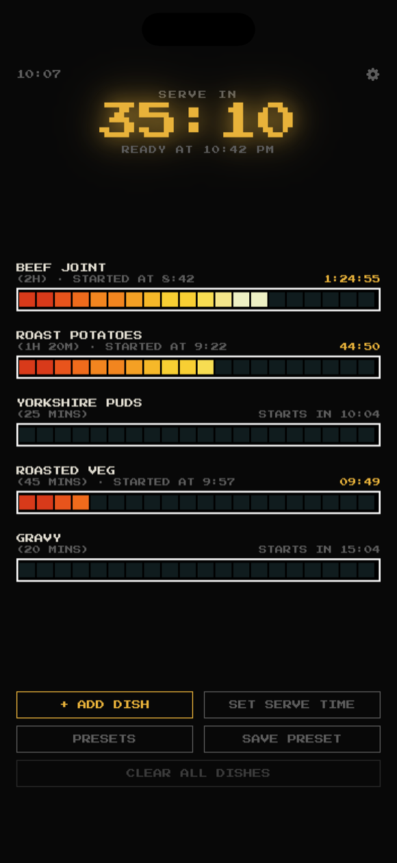 A Sunday roast in progress: beef joint, roast potatoes, Yorkshire puddings, roasted veg and gravy, each with its own progress bar, under a countdown reading serve in 35:10